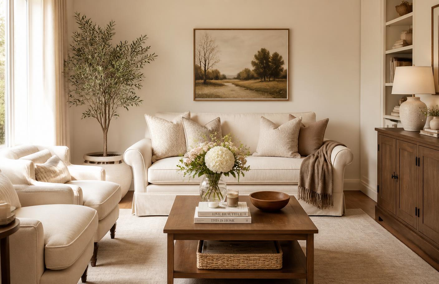 A warm living room after cleaning, styled with plumped cushions and fresh flowers