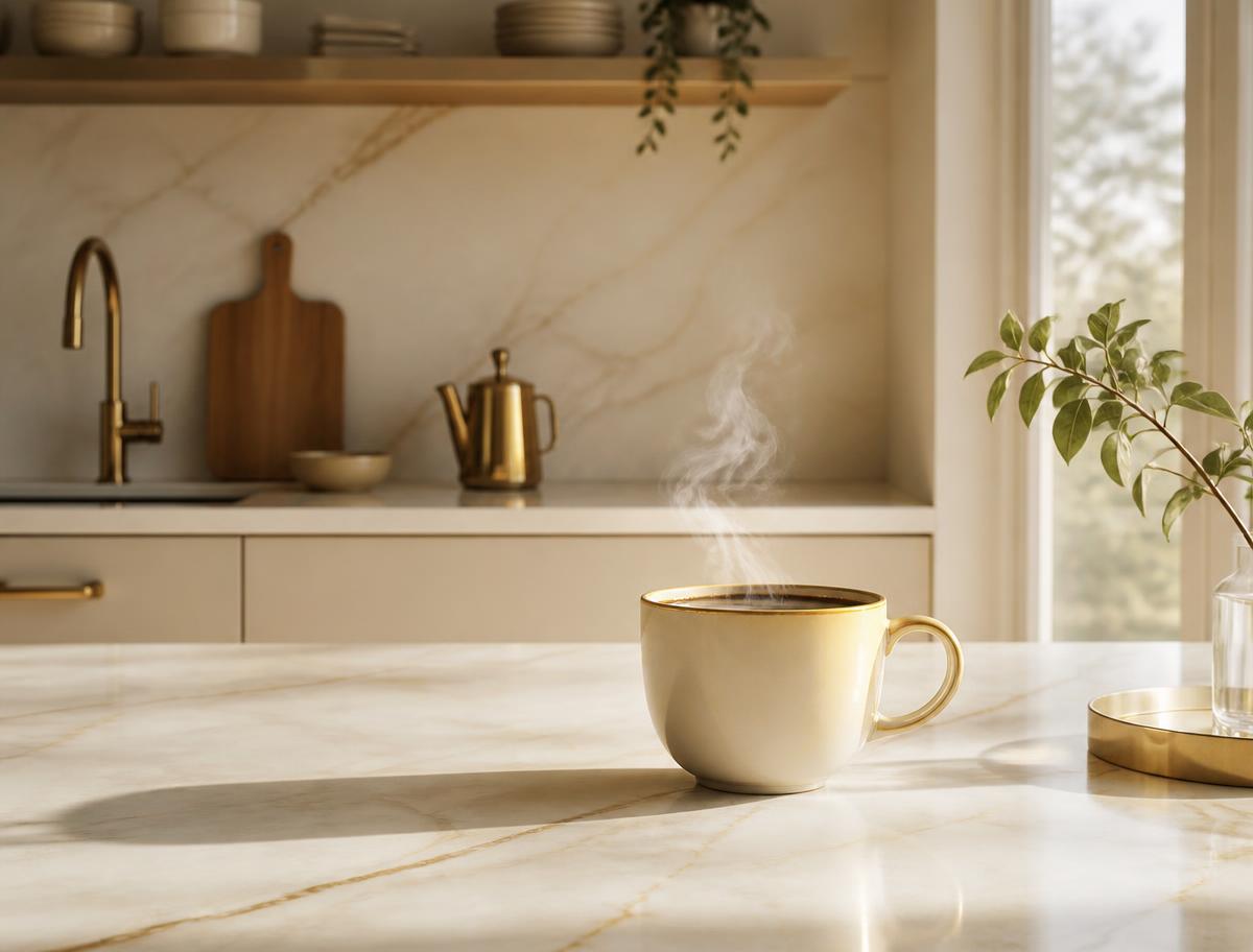 A steaming cup of coffee on a spotless marble kitchen counter