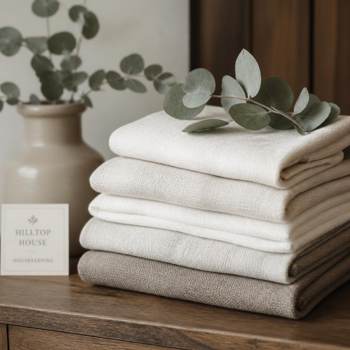 Neatly folded cream linen towels with a sprig of eucalyptus
