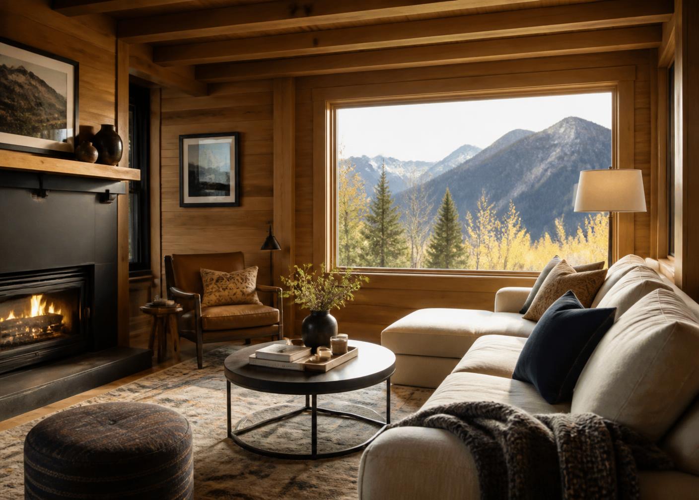 A styled vacation rental living room with a lit fireplace and mountain view
